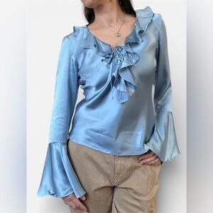 Vintage Ice Silk Poet Ruffle Blouse Blue